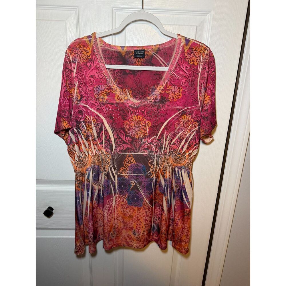 Faded Glory Women's 2X Pink Boho Paisley V-Neck Smocked Peplum Top